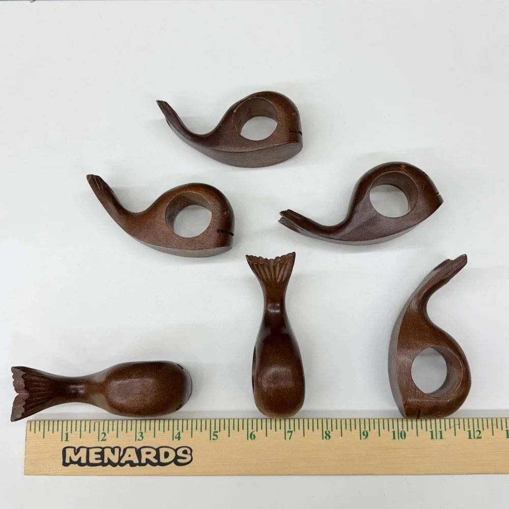 Vintage Hand Carved Wood Whale Napkin Rings Set of 6 Dark Brown Nautical Coastal